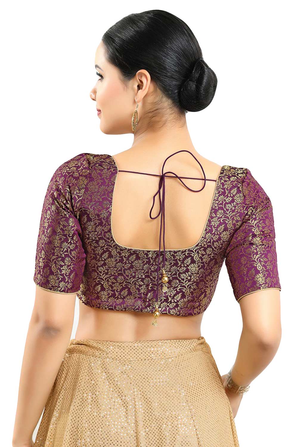 Buy Women's Wine Jacquard Readymade Saree Blouse Online - Back