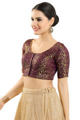 Buy Women's Wine Jacquard Readymade Saree Blouse Online - Front