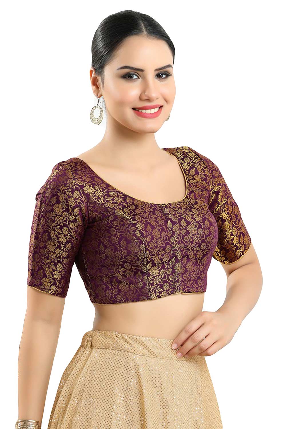 Buy Women's Wine Jacquard Readymade Saree Blouse Online - Side