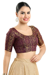 Buy Women's Wine Jacquard Readymade Saree Blouse Online - Side