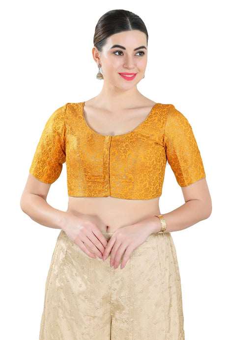 Buy Women's Yellow Jacquard Readymade Saree Blouse Online