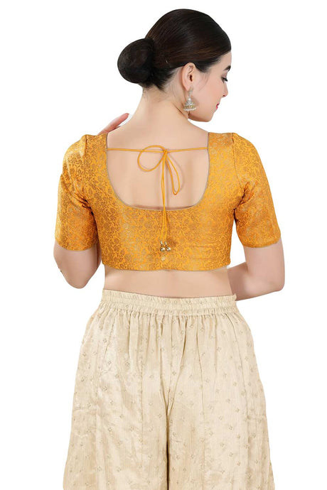 Buy Women's Yellow Jacquard Readymade Saree Blouse Online - Back
