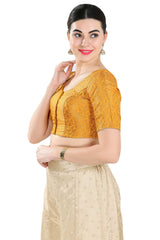 Buy Women's Yellow Jacquard Readymade Saree Blouse Online - Front