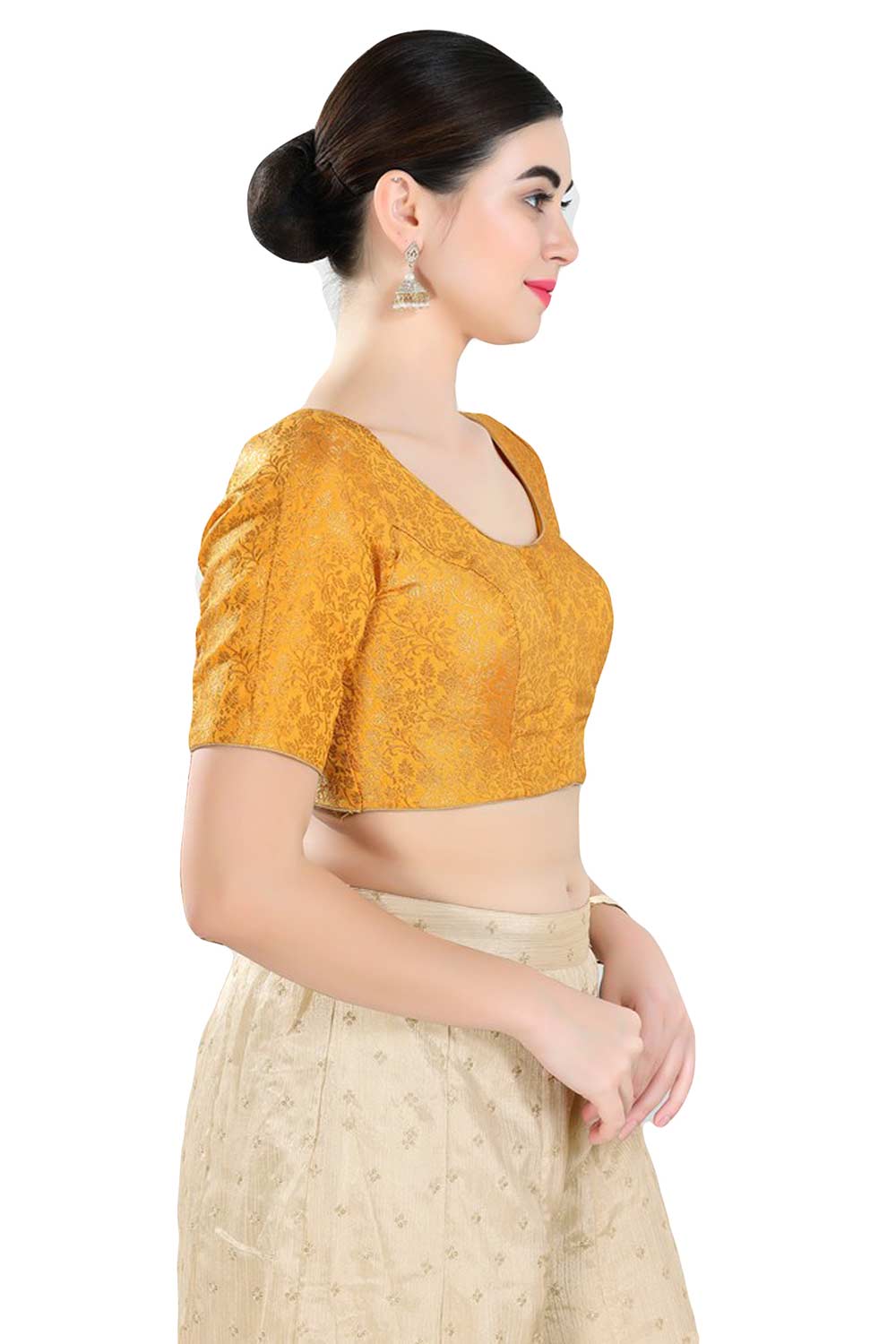 Buy Women's Yellow Jacquard Readymade Saree Blouse Online - Side