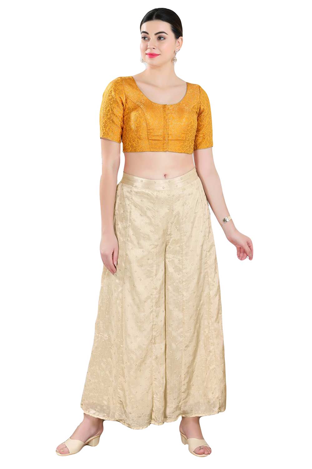 Buy Women's Yellow Jacquard Readymade Saree Blouse Online - Zoom In