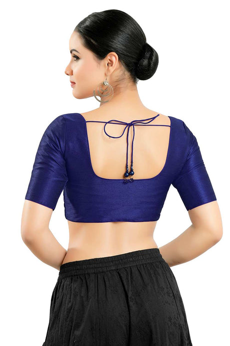 Buy Women's Navy Blue Art Silk Readymade Saree Blouse Online - Back