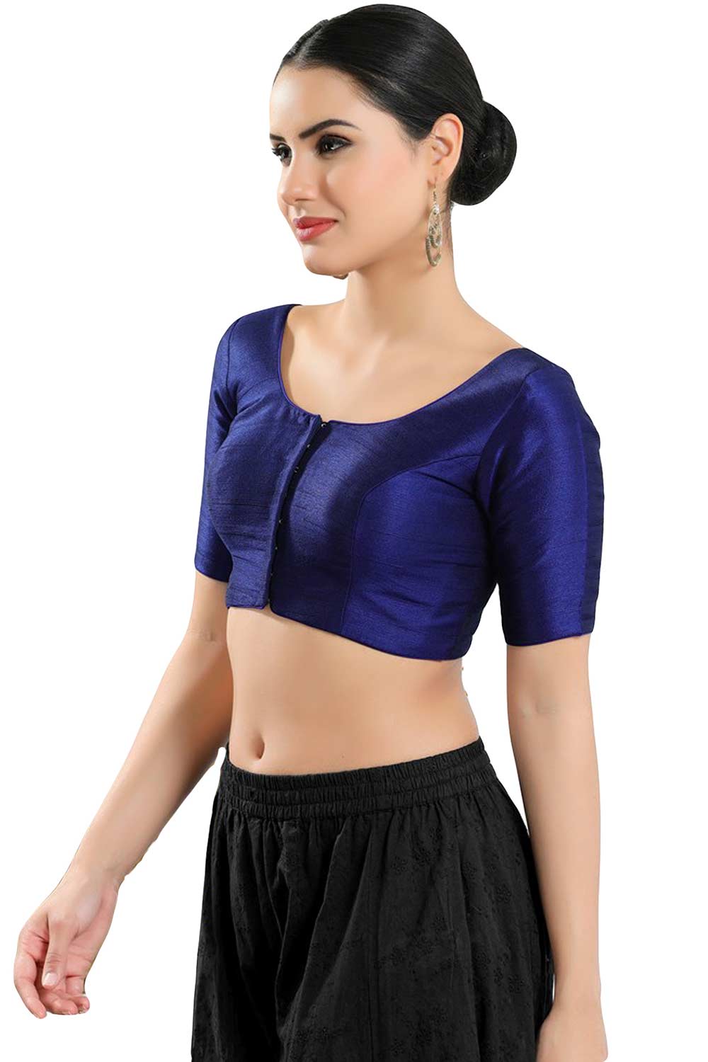 Buy Women's Navy Blue Art Silk Readymade Saree Blouse Online - Front