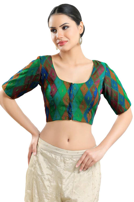Buy Women's Green Multi Jacquard Readymade Saree Blouse Online