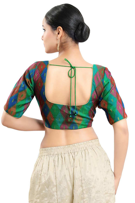 Buy Women's Green Multi Jacquard Readymade Saree Blouse Online - Back