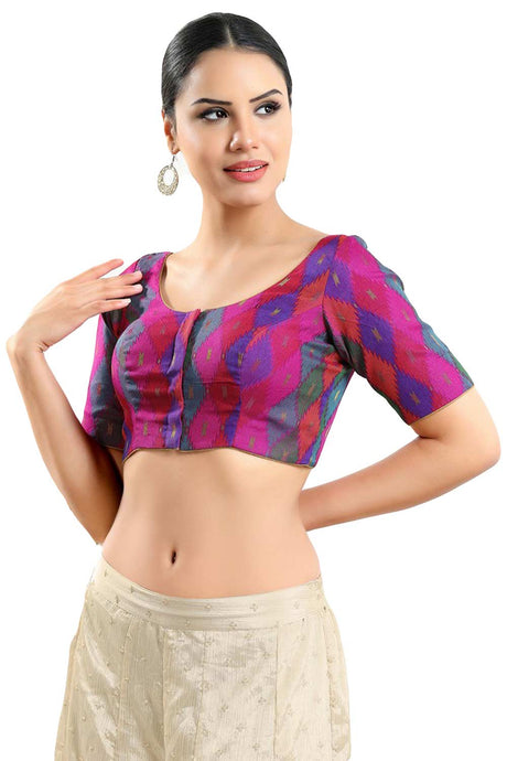 Buy Women's Pink Multi Jacquard Readymade Saree Blouse Online - Back