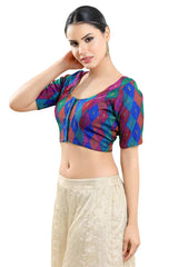 Buy Women's Royal Blue Jacquard Readymade Saree Blouse Online - Side