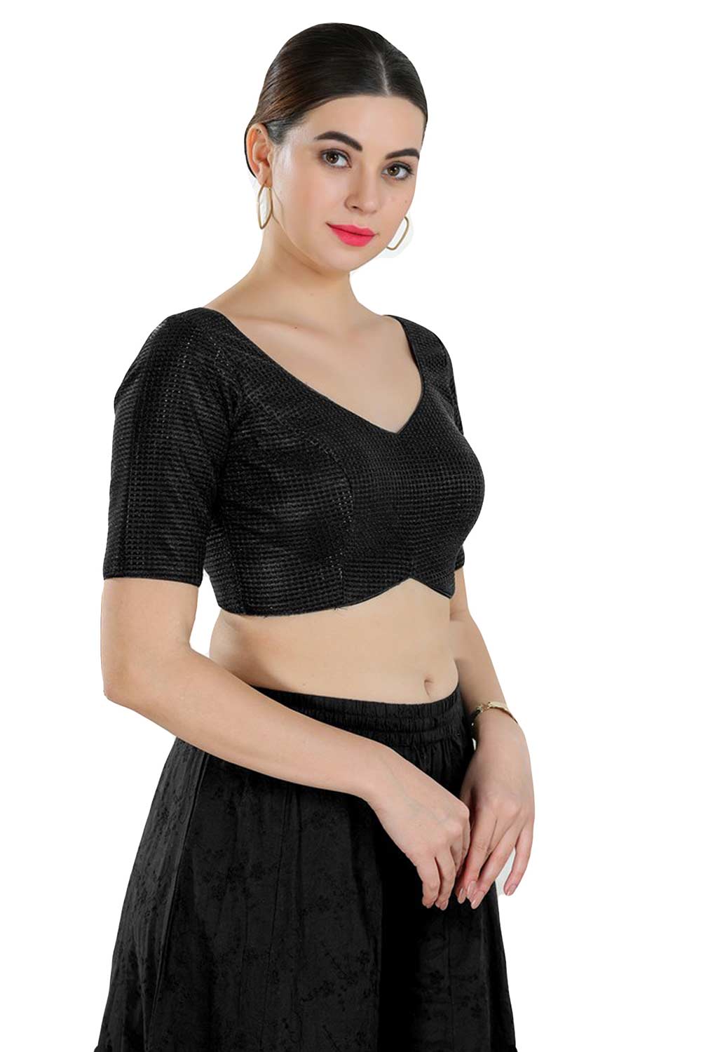 Buy Women's Black Polyester Readymade Saree Blouse Online - Side