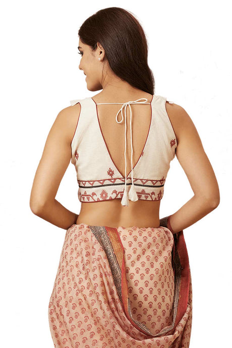 Buy Women's Cream & Maroon Handloom Cotton Readymade Saree Blouse Online - Back