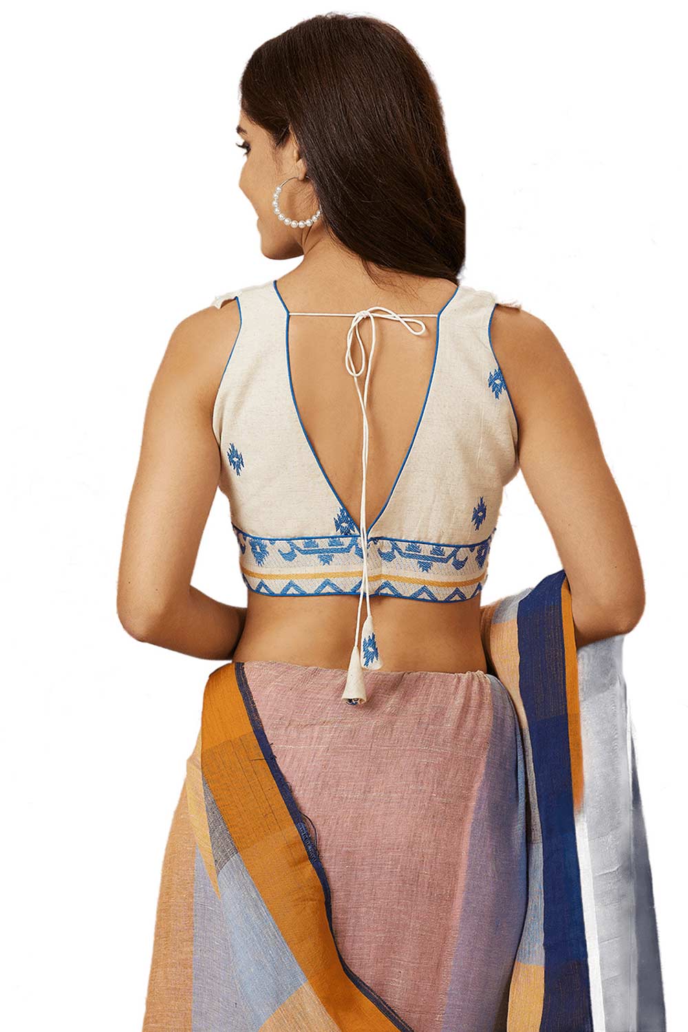 Buy Women's Off White & Blue Handloom Cotton Readymade Saree Blouse Online - Back