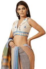 Buy Women's Off White & Blue Handloom Cotton Readymade Saree Blouse Online - Front