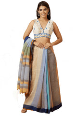 Buy Women's Off White & Blue Handloom Cotton Readymade Saree Blouse Online - Zoom Out