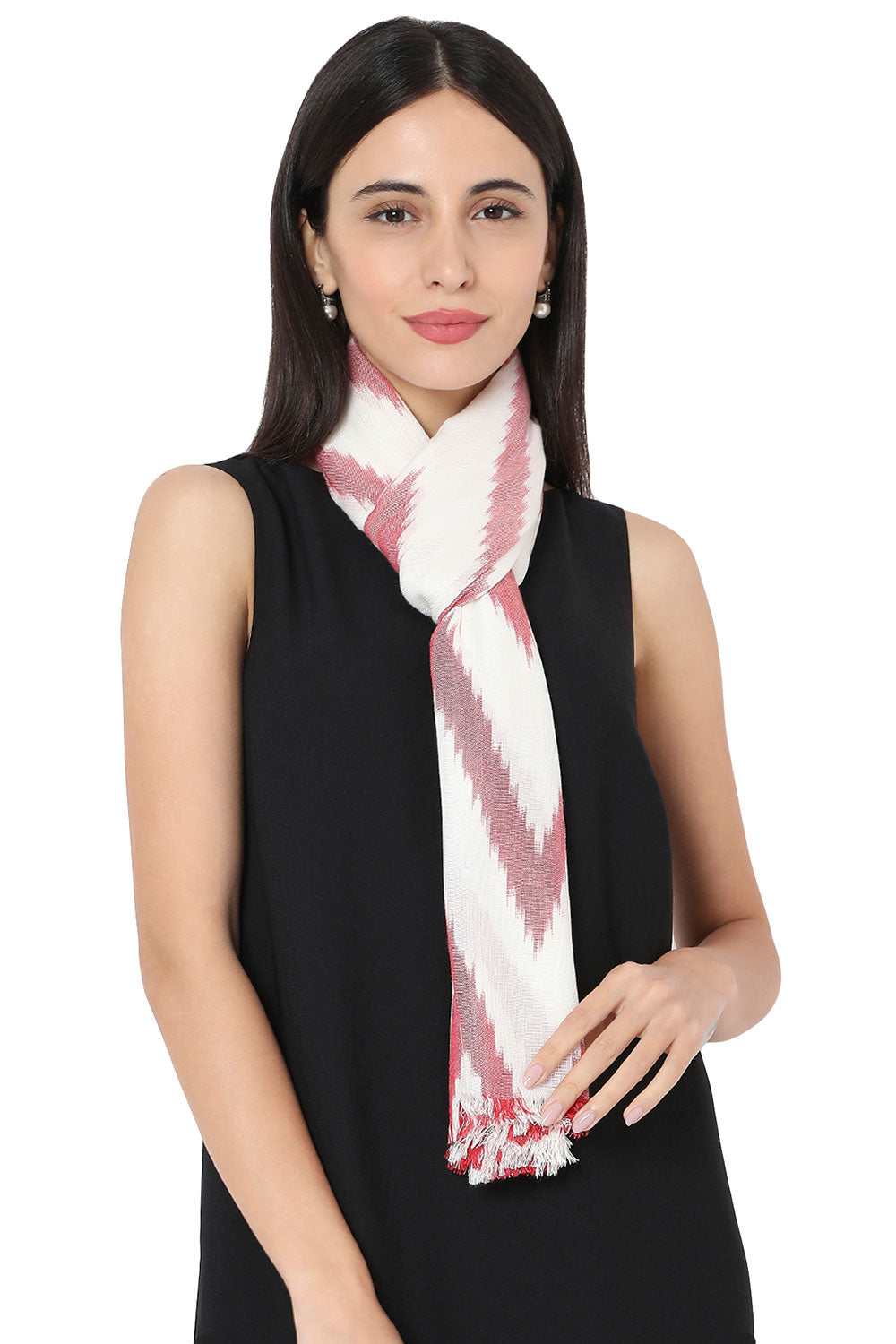 Buy Rayon Ikat Stole in White and Red