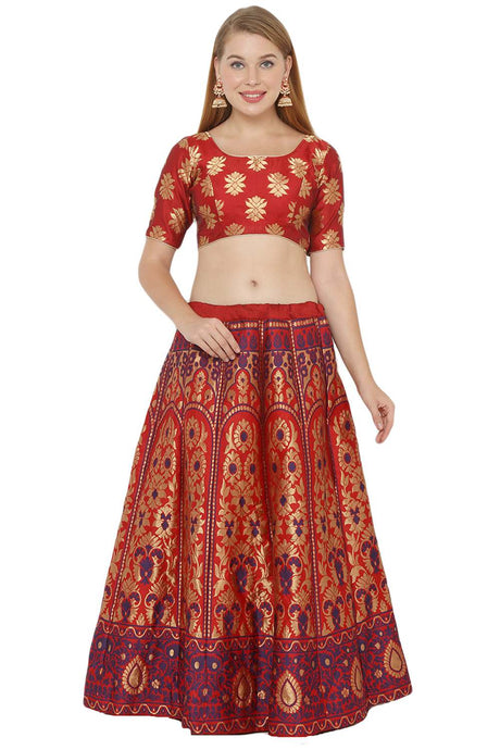 Buy Art Silk Foil Print Lehenga Choli in Red and Blue