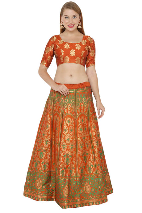 Buy Art Silk Foil Print Lehenga Choli in Orange and Green