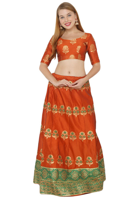 Buy Art Silk Foil Print Lehenga Choli in Orange and Green