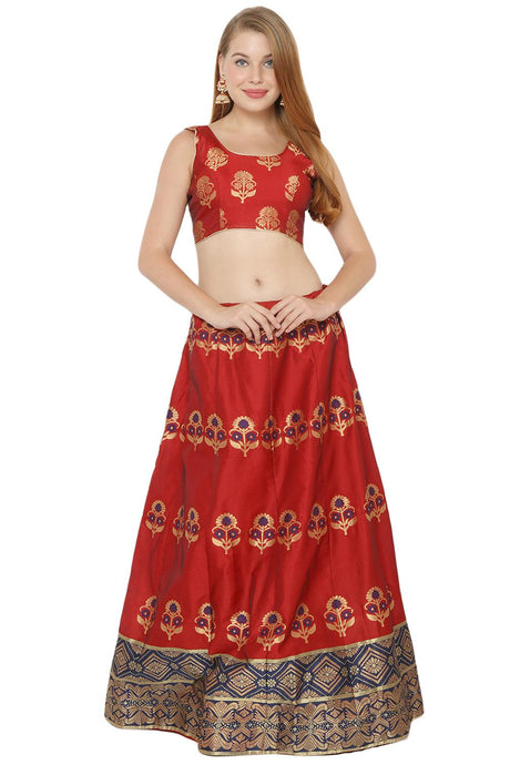 Buy Art Silk Foil Print Lehenga Choli in Red and Blue