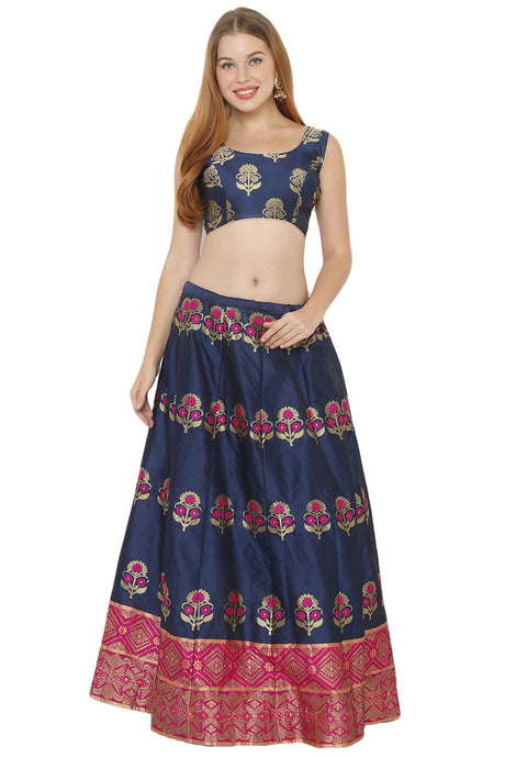 Buy Art Silk Foil Print Lehenga Choli in Navy Blue and Pink