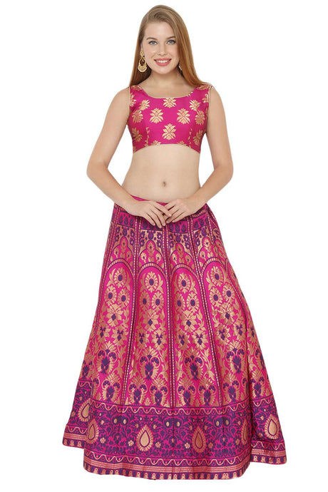 Buy Art Silk Foil Print Lehenga Choli in Pink and Blue