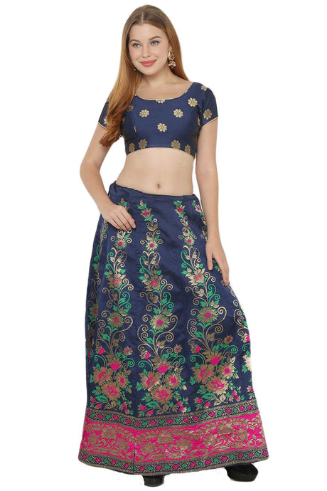 Buy Art Silk Foil Print Lehenga Choli in Navy Blue and Pink