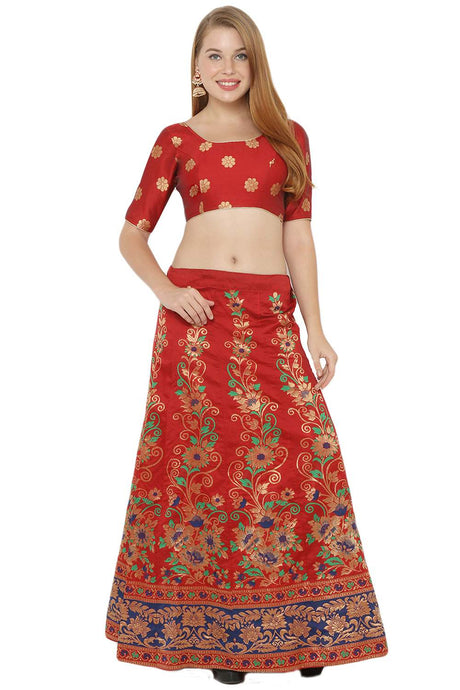 Buy Art Silk Foil Print Lehenga Choli in Red and Blue