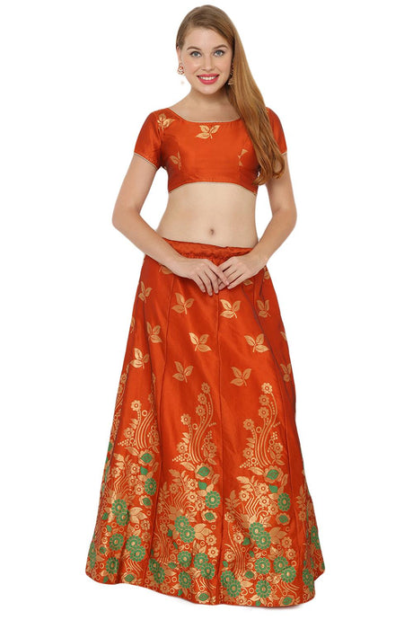 Buy Art Silk Foil Print Lehenga Choli in Orange and Green