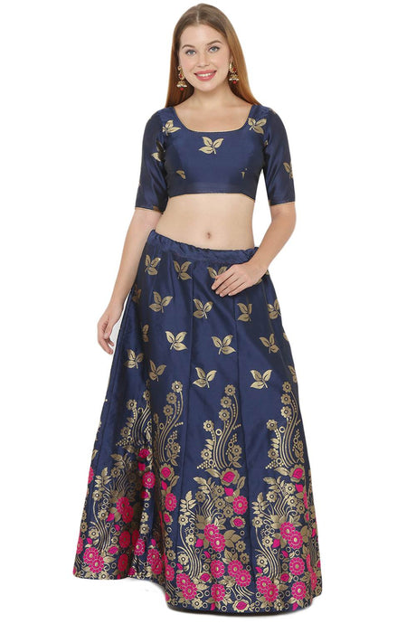 Buy Art Silk Foil Print Lehenga Choli in Navy Blue and Pink