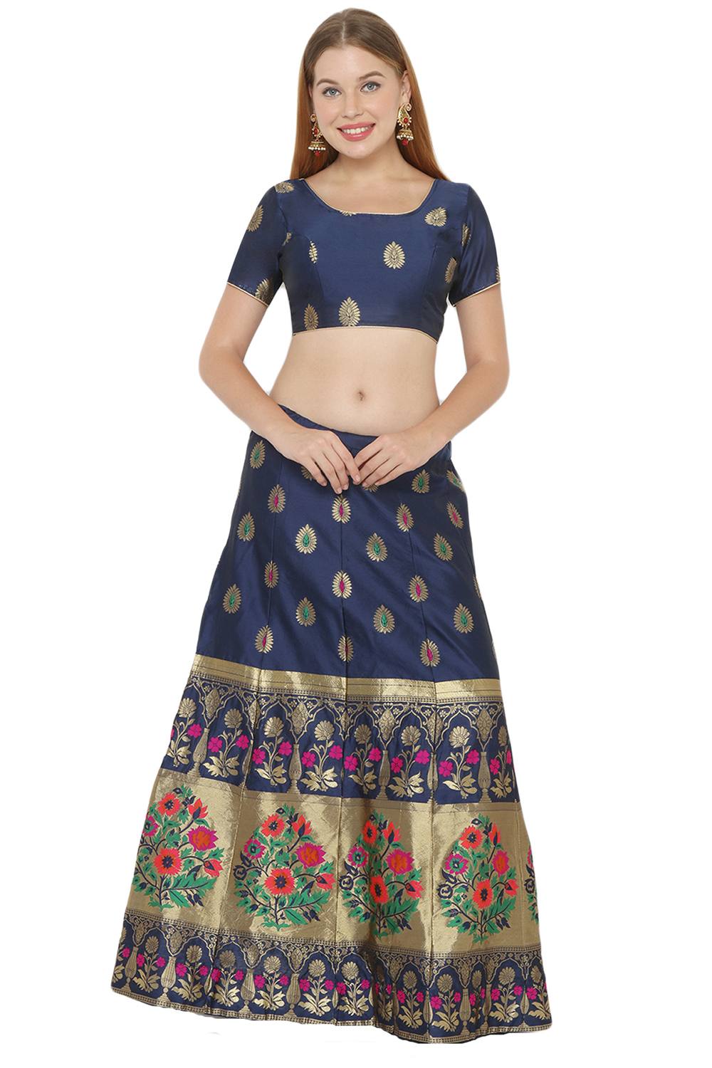 Buy Art Silk Foil Print Lehenga Choli in Navy Blue