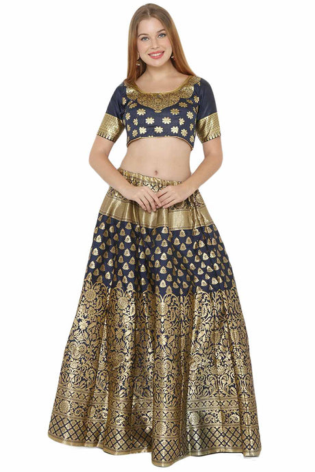 Buy Art Silk Foil Print Lehenga Choli in Navy Blue and Gold