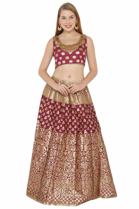 Buy Art Silk Foil Print Lehenga Choli in Wine and Gold