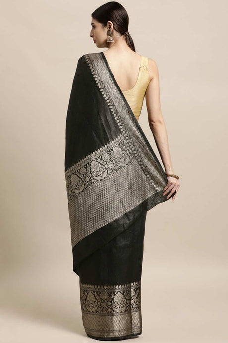 Buy Linen Blend Zari Woven Saree in Black Online - Back