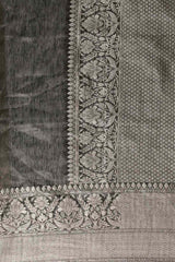 Buy Linen Blend Zari Woven Saree in Black Online - Side