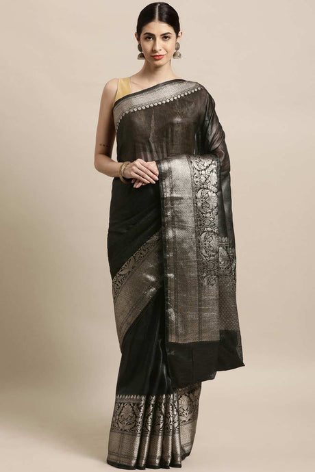Buy Linen Blend Zari Woven Saree in Black Online