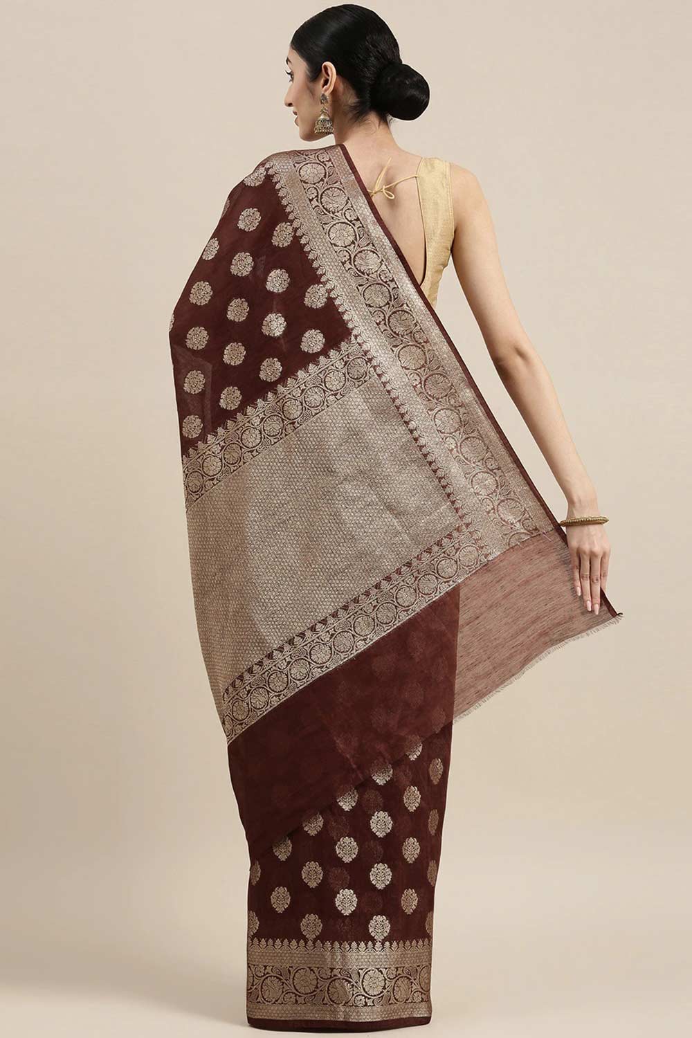 Buy Pure Linen Zari Woven Saree in Brown Online - Back