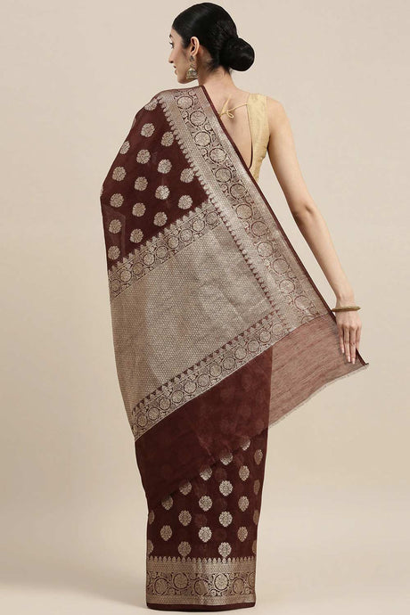 Buy Pure Linen Zari Woven Saree in Brown Online - Back