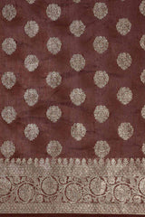 Buy Pure Linen Zari Woven Saree in Brown Online - Front