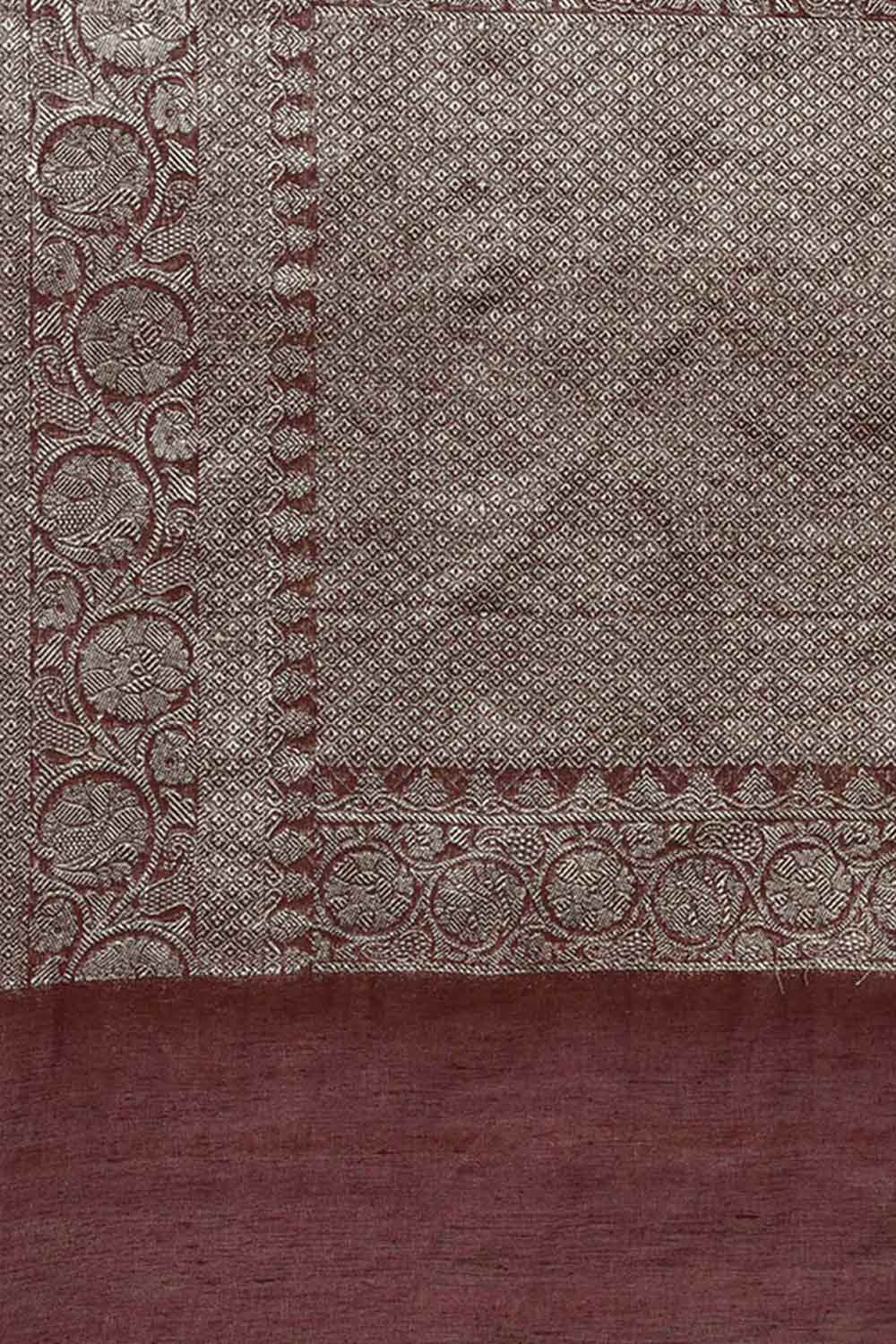 Buy Pure Linen Zari Woven Saree in Brown Online - Side