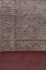 Buy Pure Linen Zari Woven Saree in Brown Online - Side