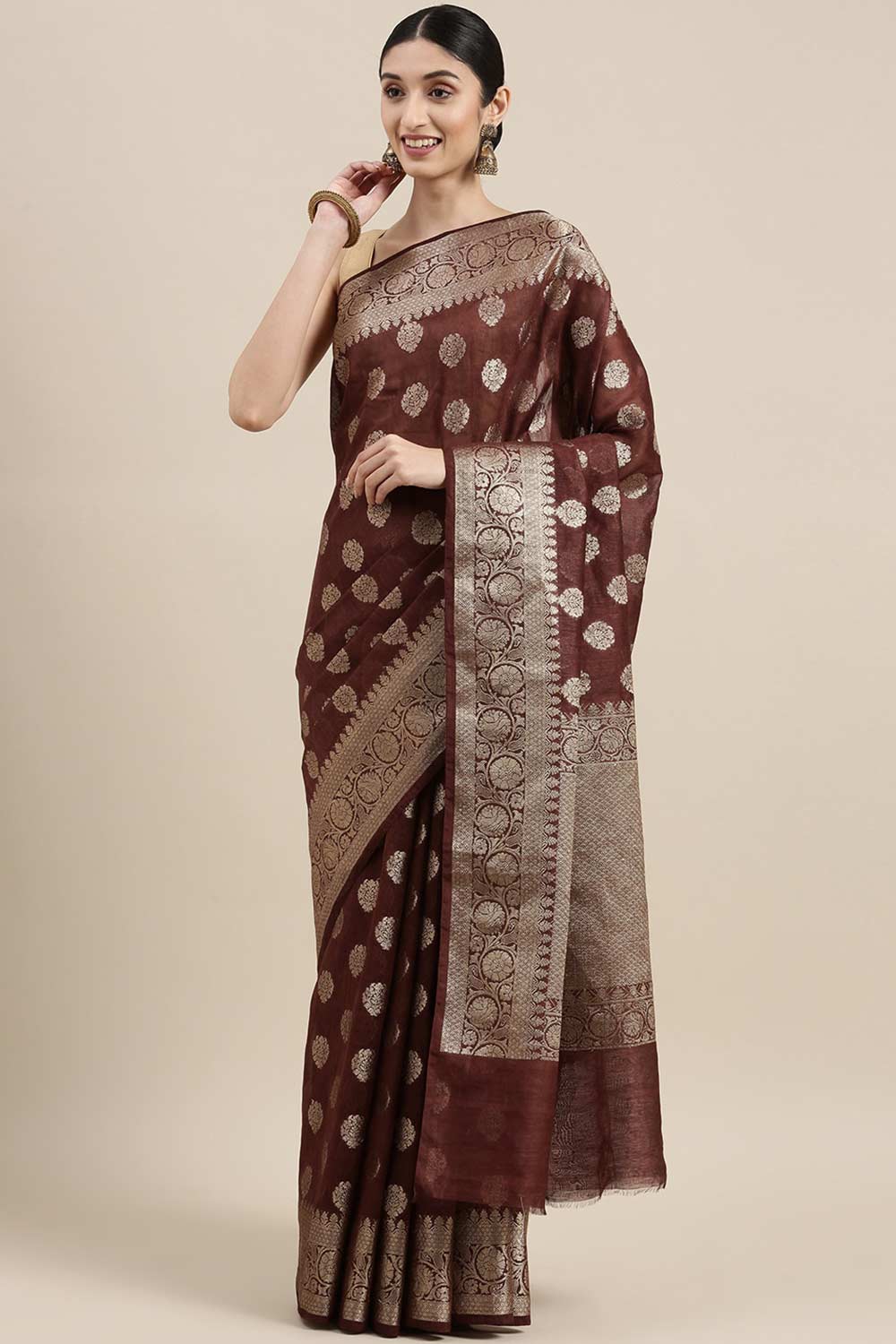 Buy Pure Linen Zari Woven Saree in Brown Online