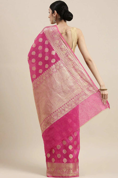 Buy Pure Linen Zari Woven Saree in Pink Online - Back