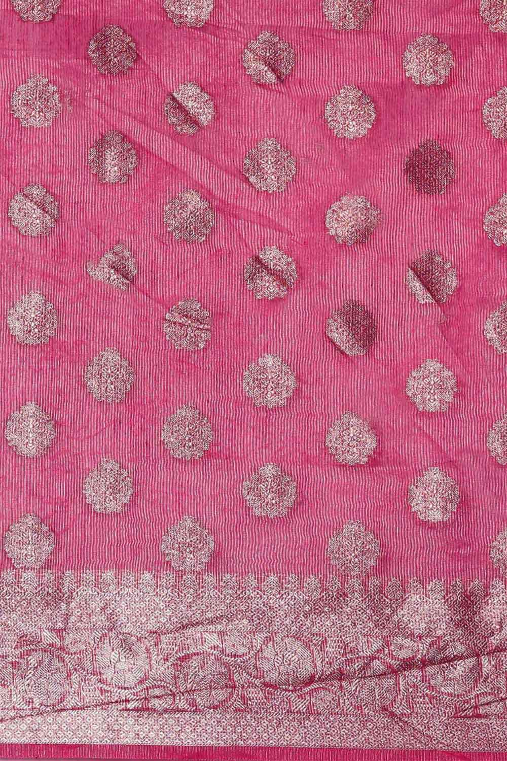 Buy Pure Linen Zari Woven Saree in Pink Online - Front