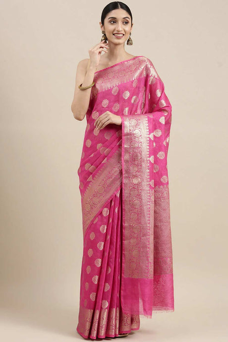 Buy Pure Linen Zari Woven Saree in Pink Online