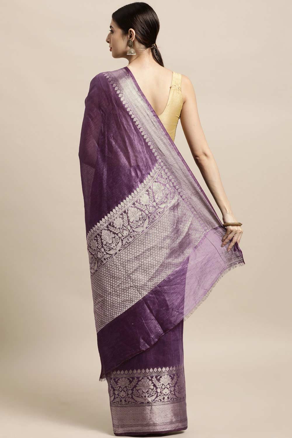 Buy Linen Blend Zari Woven Saree in Purple Online - Back