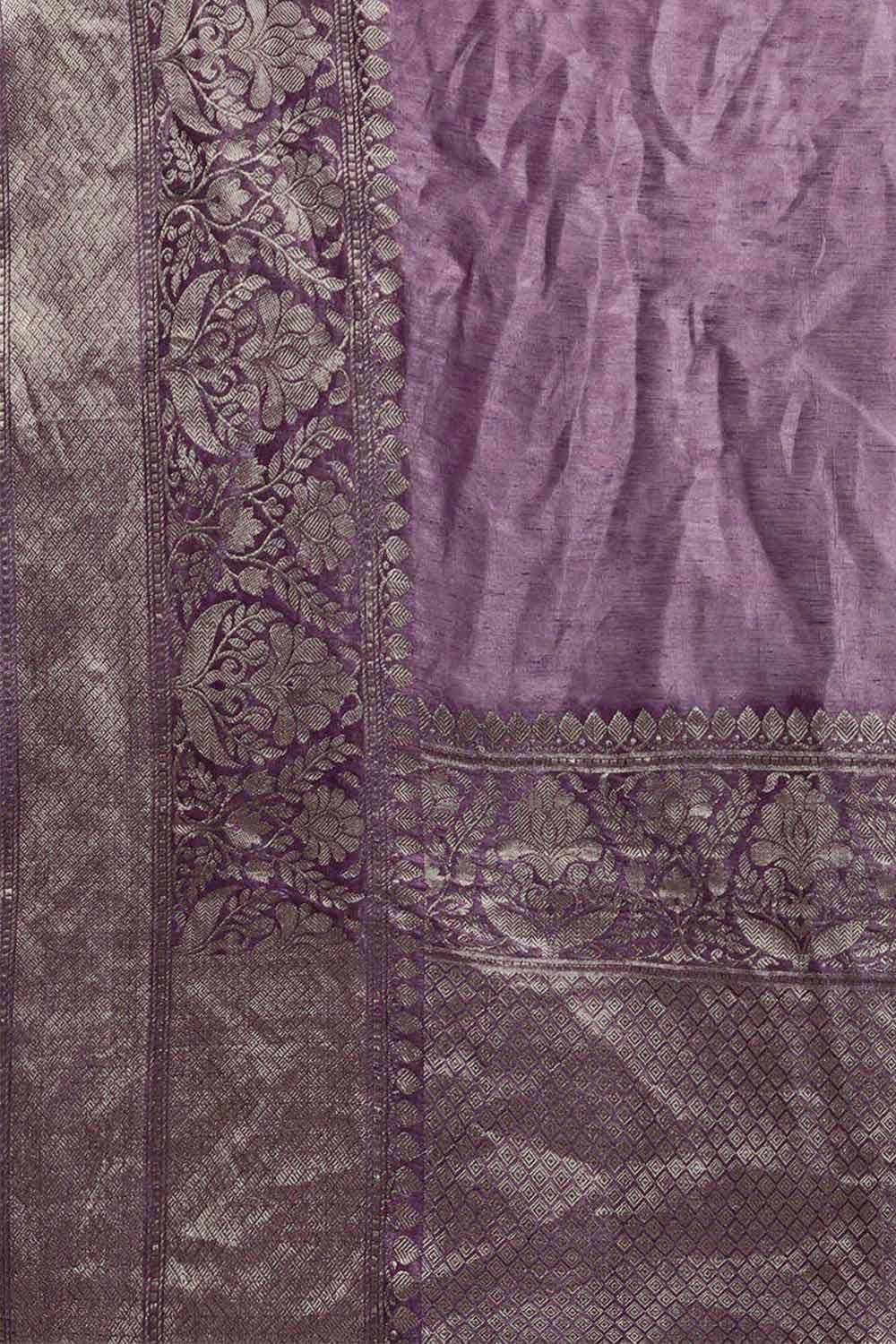 Buy Linen Blend Zari Woven Saree in Purple Online - Side