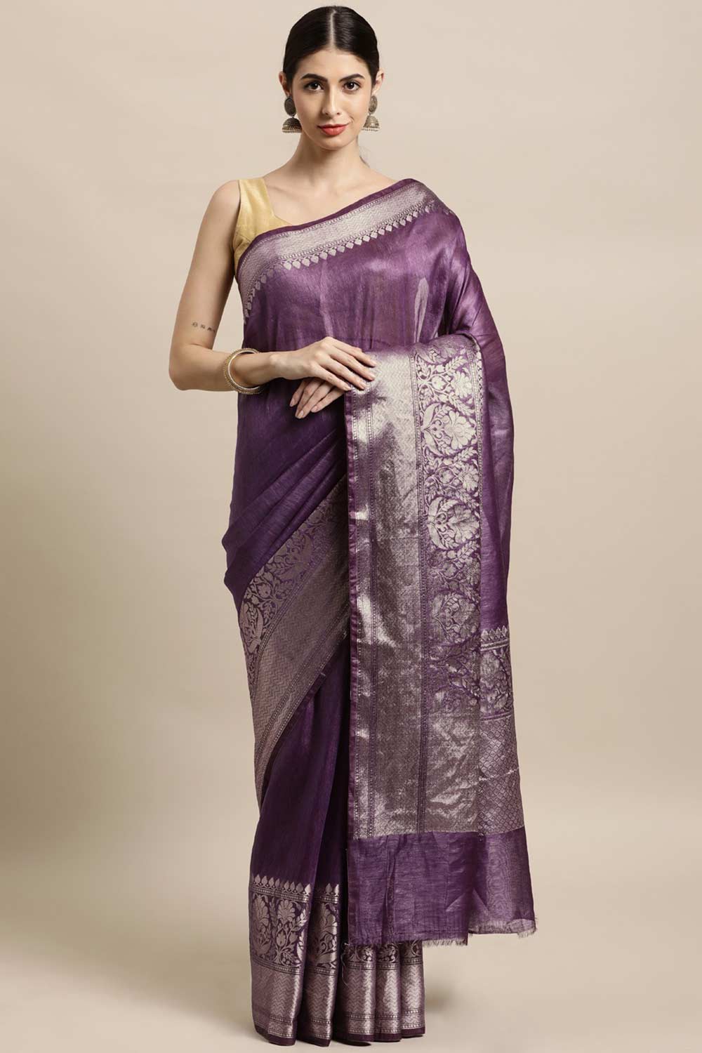 Buy Linen Blend Zari Woven Saree in Purple Online