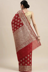 Buy Pure Linen Zari Woven Saree in Maroon Online - Back